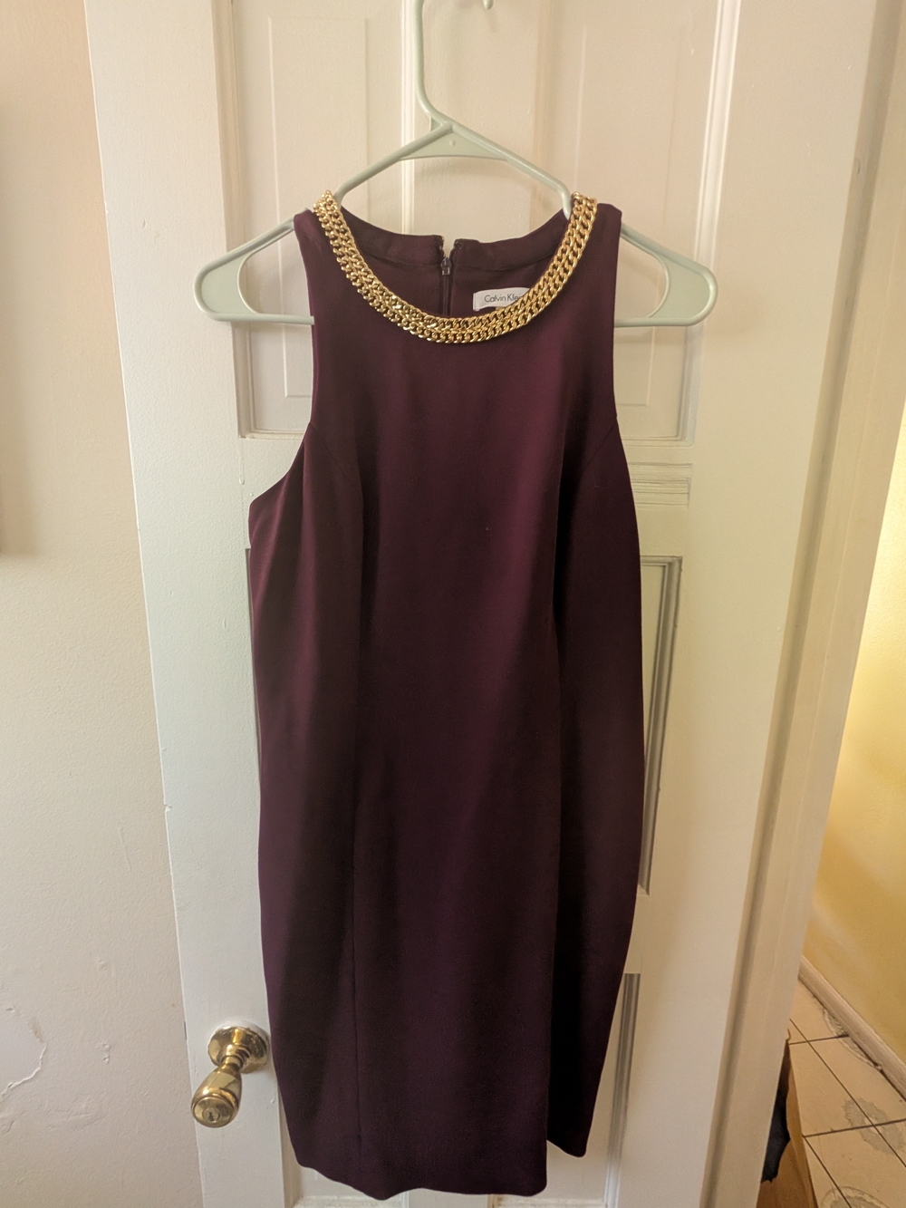 Calvin Klein Plum Sleeveless Shift Dress with Gold Chain
